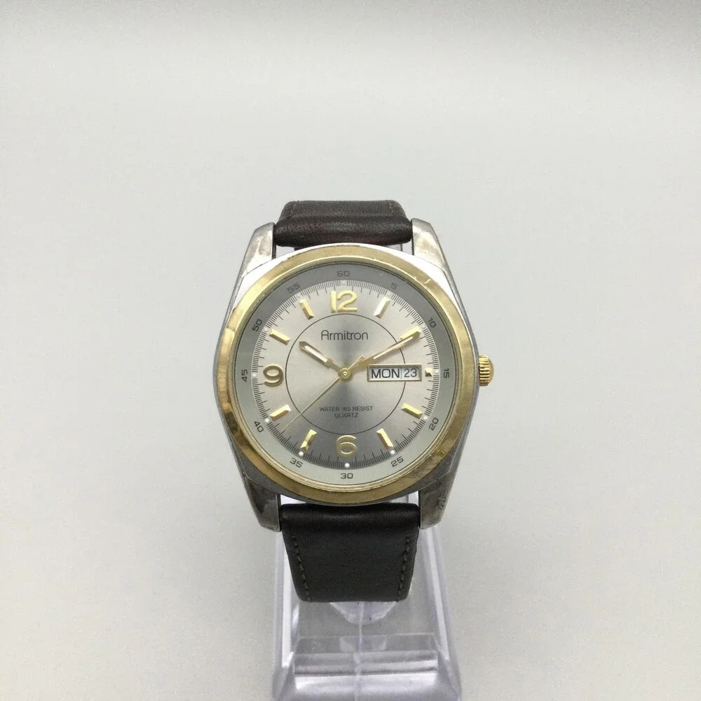 Armitron Mens Watch 38mm Two Tone Leather Strap Day Date 165FT New Battery